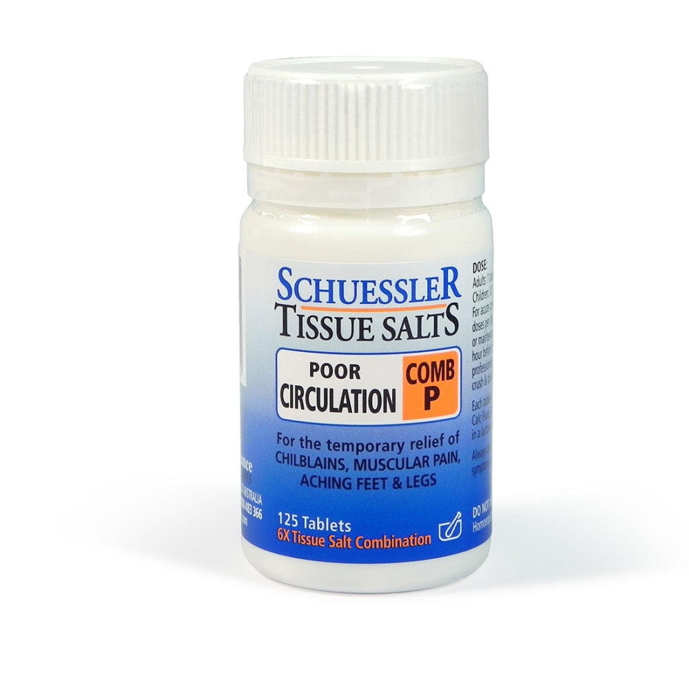 Schuessler Tissue Salts 125 Tablets – Comb P all day,assist with,chilblains,Comb P,Combination P,issues,Poor circulation,Schuessler,standing still,tablets,Tags: aching feet,tired legs,tissue salts