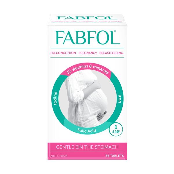 FABFOL tablets for pregnancy packaging featuring essential vitamins and minerals for expecting mothers, 56 tablets.