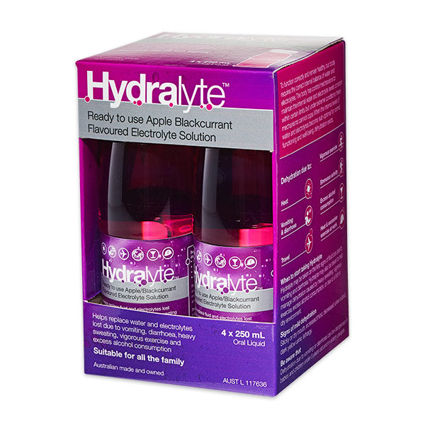 Hydralyte Ready to Drink Apple Blackcurrant Electrolyte Solution 4 x 250 mL Pack dehydration,hydralyte,issues