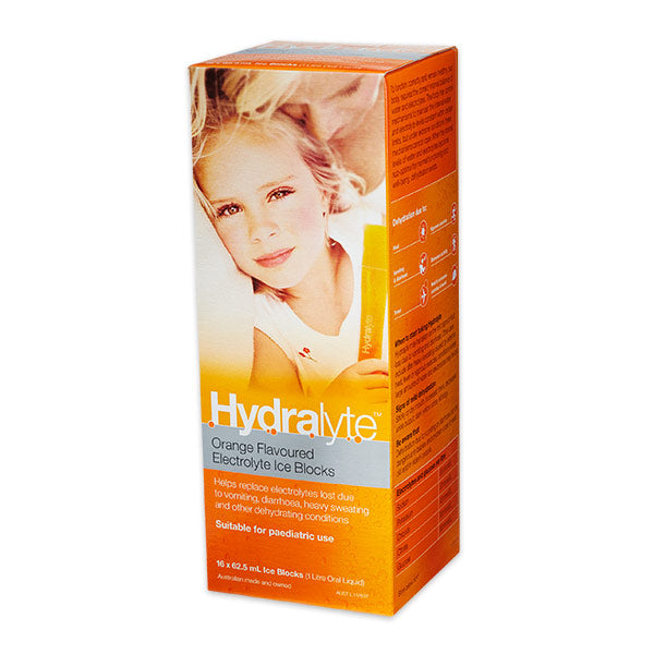 Hydralyte Orange Flavoured Electrolyte Ice Blocks 16 x 62.5 mL pack dehydration,hydralyte,hydration,issues