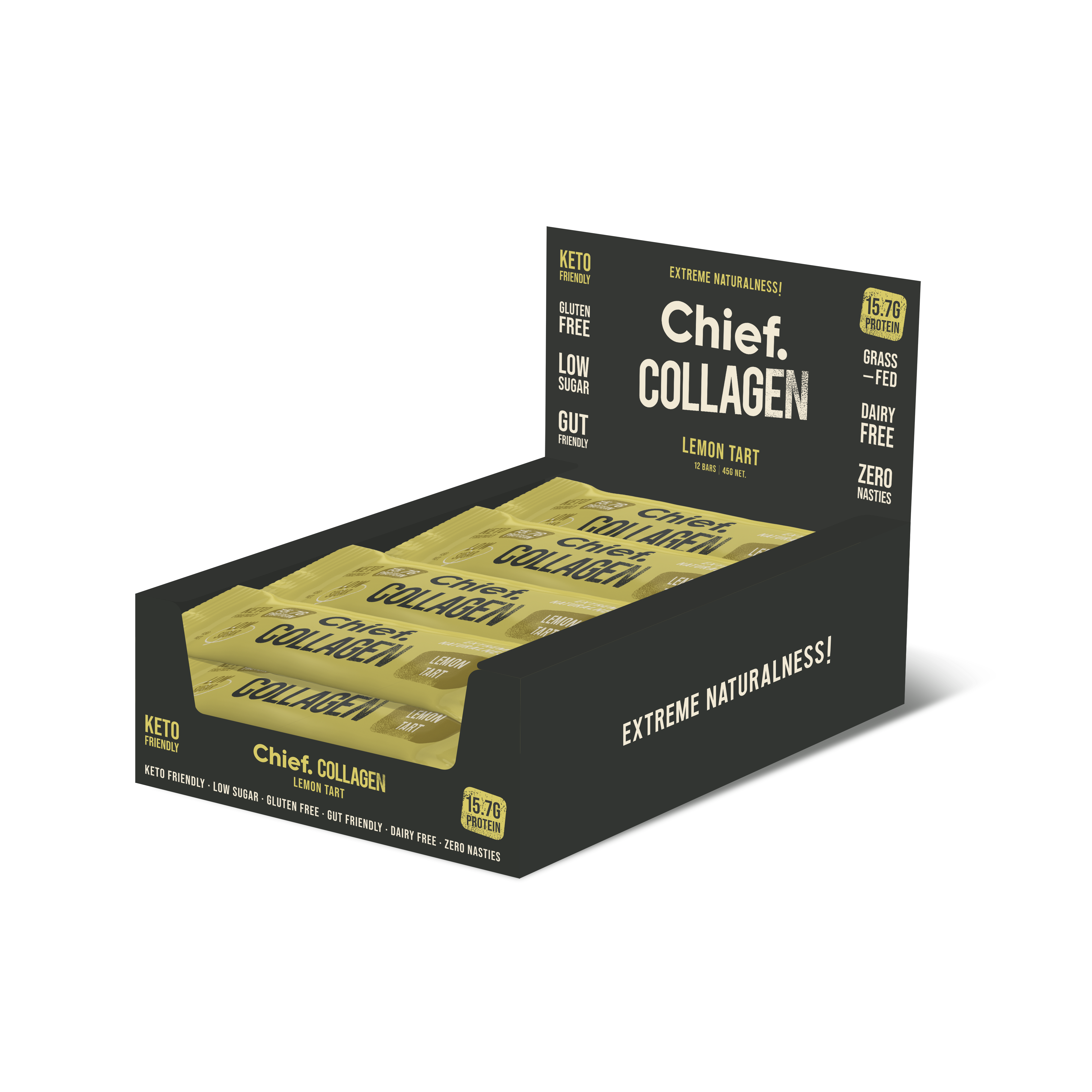 Chief collagen protein bar lemon tart display box featuring 12 bars in lemon tart flavor.