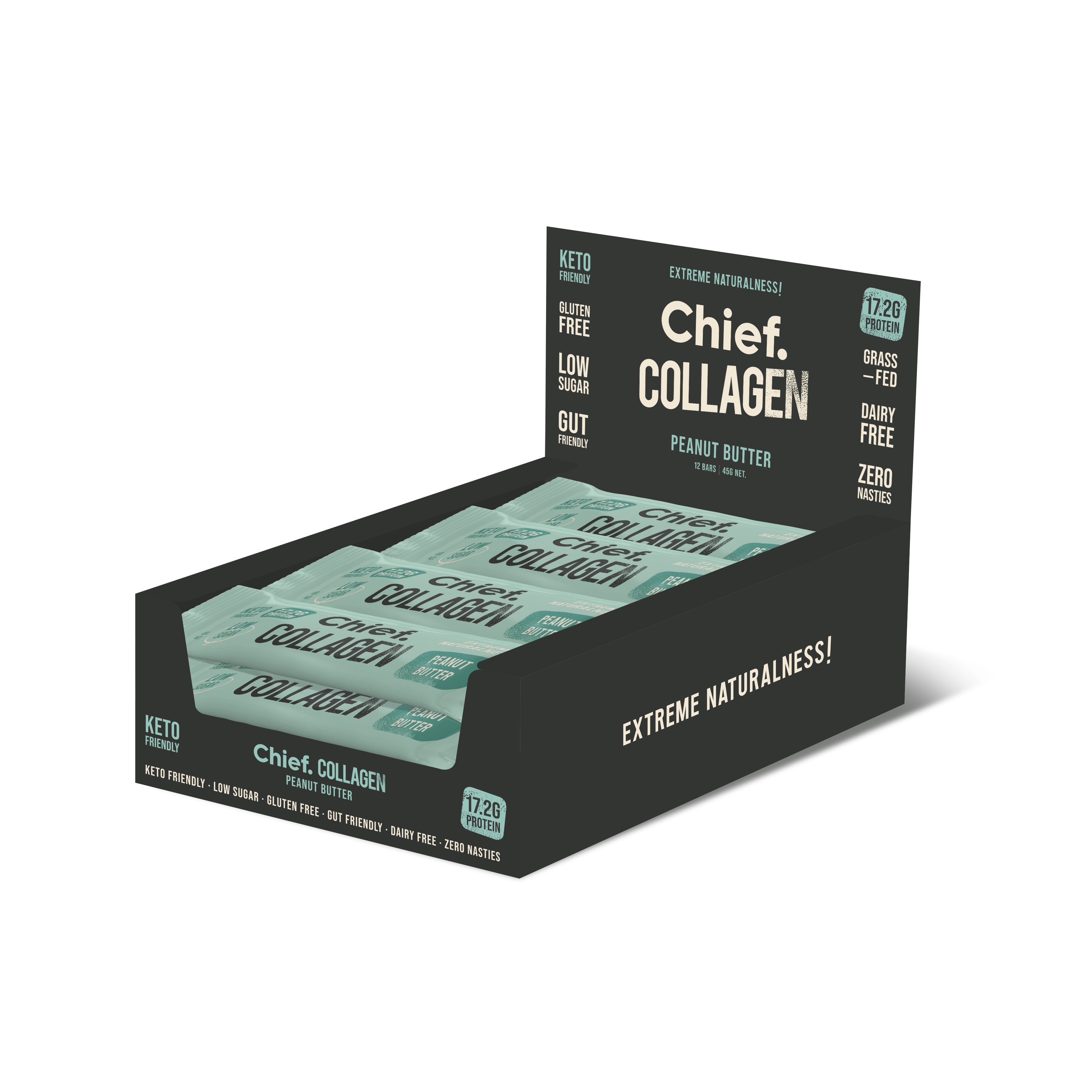 Chief collagen protein bars peanut butter display box with twelve bars showcasing extreme naturalness.