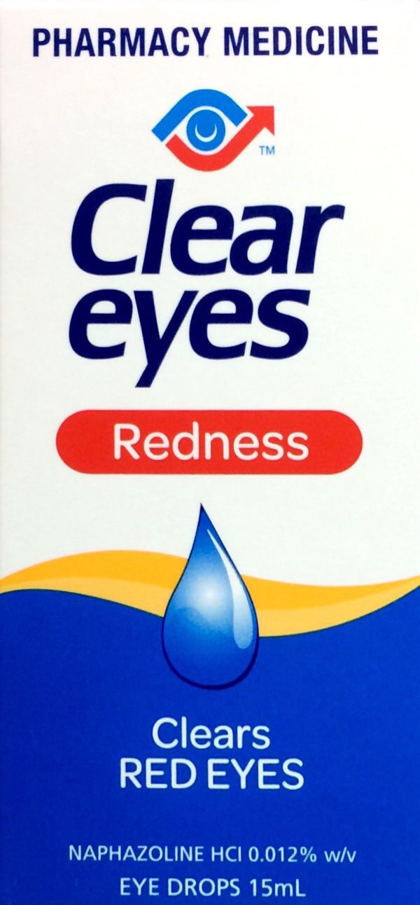Clear Eyes Redness Drops 15ml packaging featuring brand elements and product details for eye care.