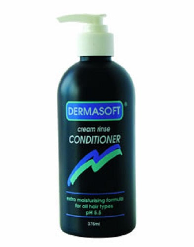 Dermasoft hair conditioner cream rinse 375ml bottle for all hair types, extra moisturizing formula, pH 5.5.