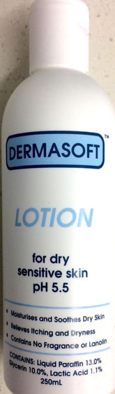 Dermasoft dry sensitive skin lotion pH 5.5 bottle, 250 ml for moisturizing dry skin and relieving itchiness.