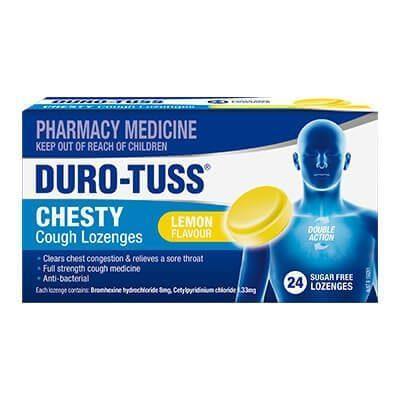 DURO TUSS Chesty Sugar Free Lozenges Lemon Flavour 24 anti bacterial lozenges,chesty,chesty cough,expectorant,issues,mucolytic lozenges