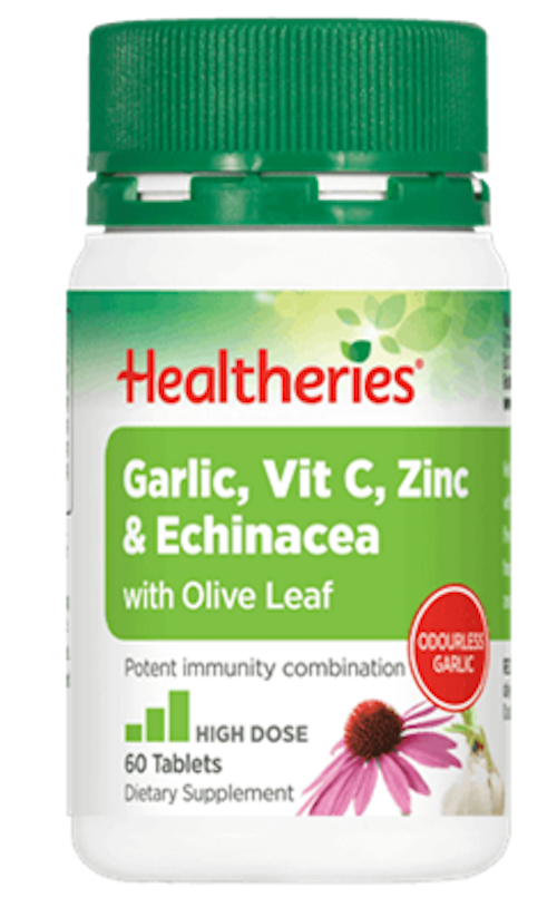 Healtheries immune support garlic vitamin C zinc echinacea 60 tablets dietary supplement bottle.