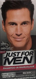 Just For Men hair color shampoo packaging showcasing a man with dark hair, emphasizing quick and natural results.