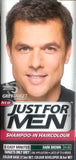 Just For Men hair color shampoo product packaging featuring a man with dark brown hair, promising results in 5 easy minutes.