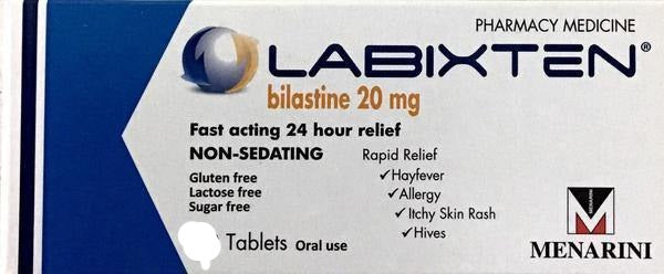 Labixten allergy medicine packaging featuring 20mg bilastine for fast relief from hayfever, allergies, and itchy skin.