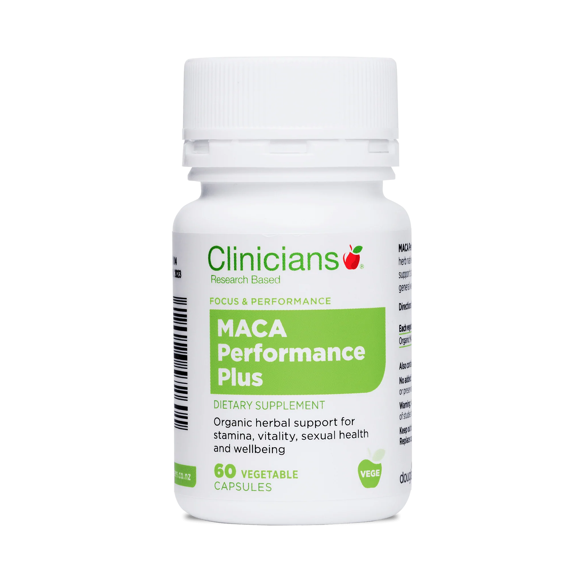 Clinicians MACA supplement for energy and vitality Plus 60 Vege Caps bottle with herbal support for wellbeing.