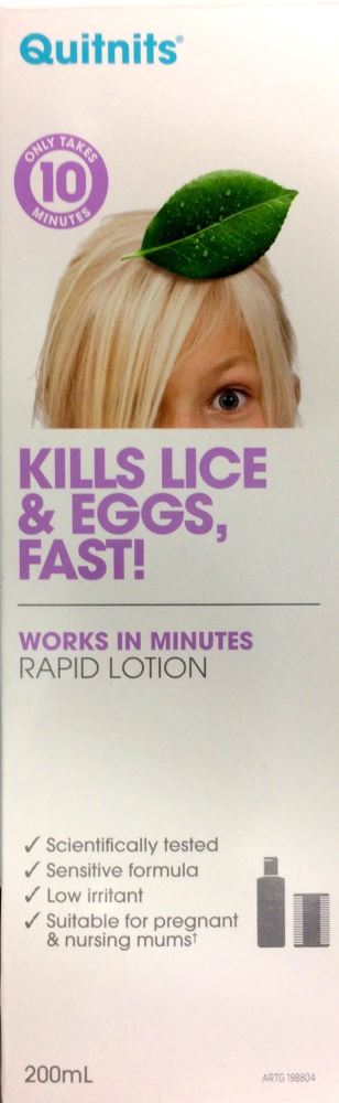 Quitnits rapid lice lotion 200ml packaging with text 'Kills Lice & Eggs, Fast!' and leaves, 10-minute treatment.