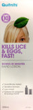 Quitnits rapid lice lotion 200ml packaging with text 'Kills Lice & Eggs, Fast!' and leaves, 10-minute treatment.