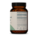 Triphala digestive support capsules in a brown bottle showing supplement facts for gut health and antioxidants.