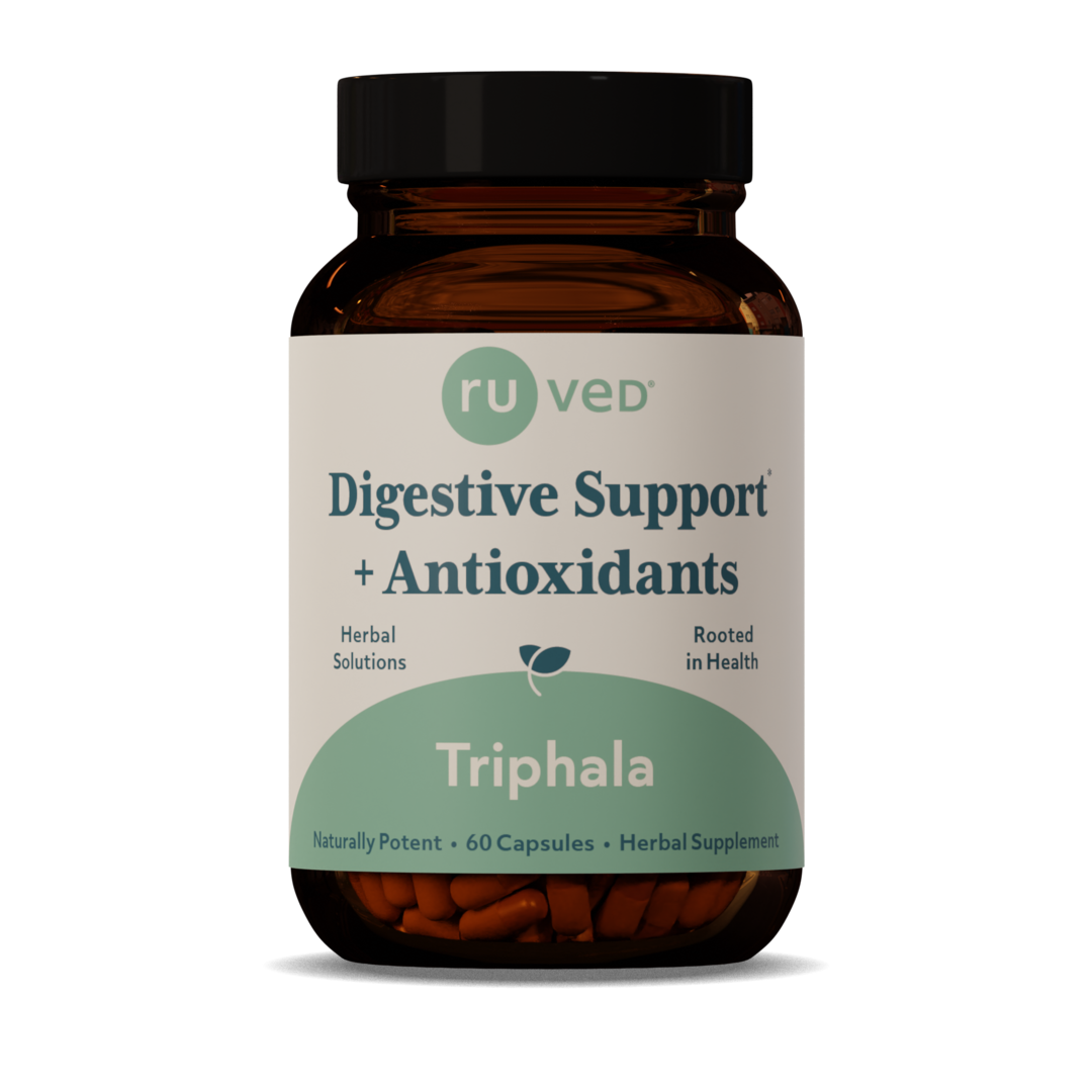 Triphala digestive support capsules with antioxidants in a brown supplement bottle, 60 capsules for gut health.