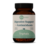 Triphala digestive support capsules with antioxidants in a brown supplement bottle, 60 capsules for gut health.