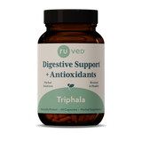 Triphala digestive support capsules with antioxidants in a brown supplement bottle, 60 capsules for gut health.