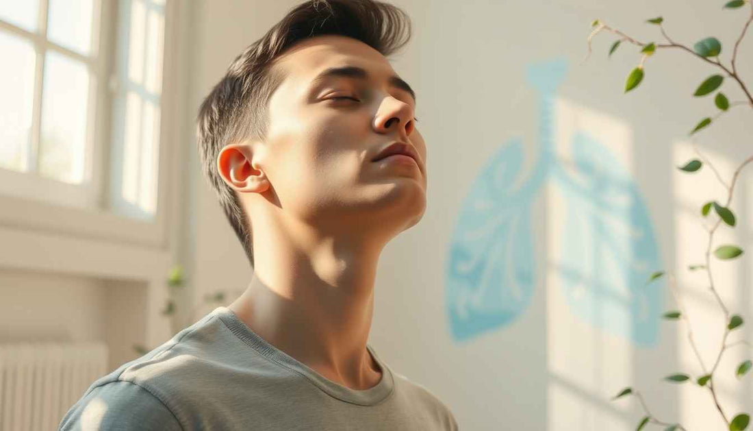 Man practicing deep breathing in a bright room, symbolizing respiratory problems pharmacy awareness.