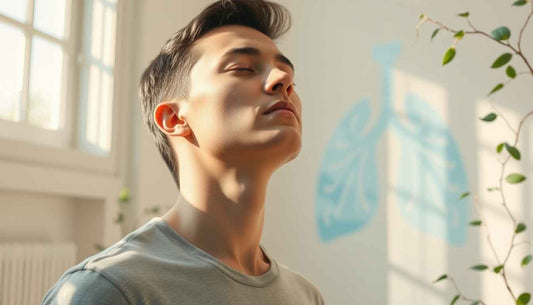 Man practicing deep breathing in a bright room, symbolizing respiratory problems pharmacy awareness.
