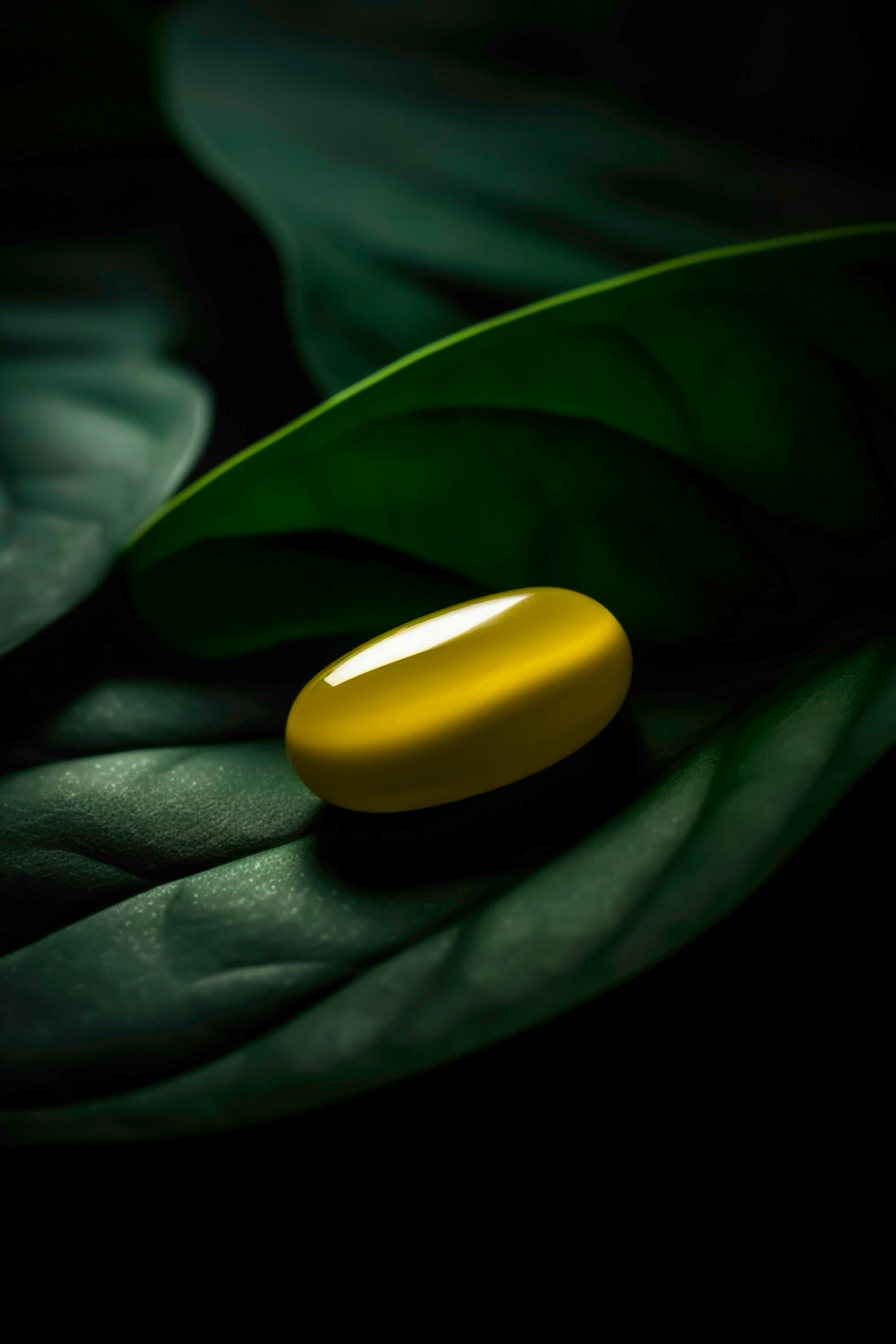 a yellow pill sitting on top of a green leaf