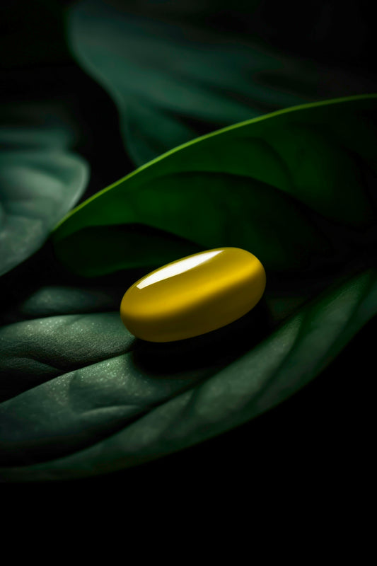 a yellow pill sitting on top of a green leaf