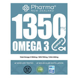 Pure omega 3 fish oil extract label showing 1350mg total Omega 3, EPA 750mg, and DHA 450mg with testing certifications.