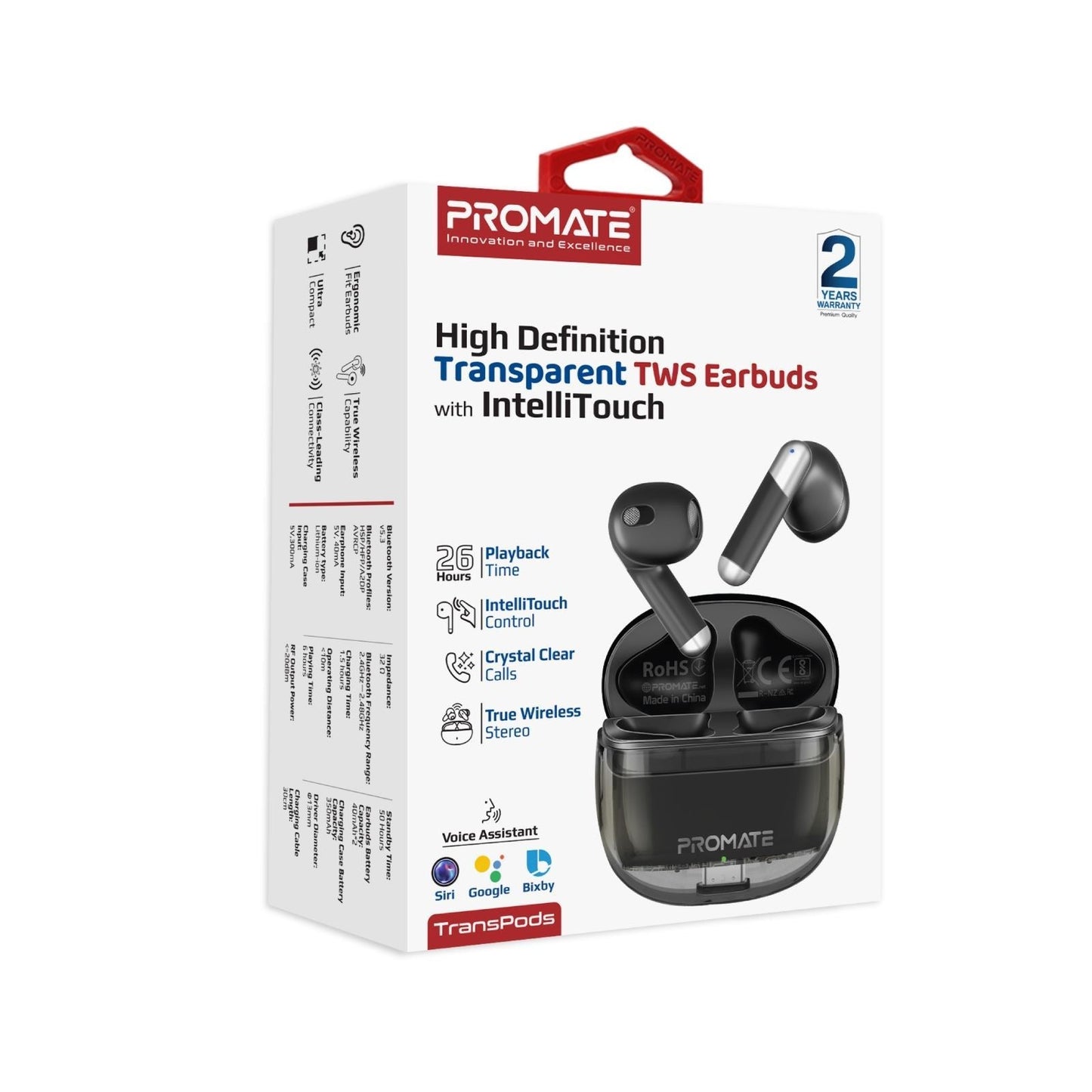 PROMATE In-Ear HD Bluetooth Earbud With Intellitouch &amp; 300mAh Charging