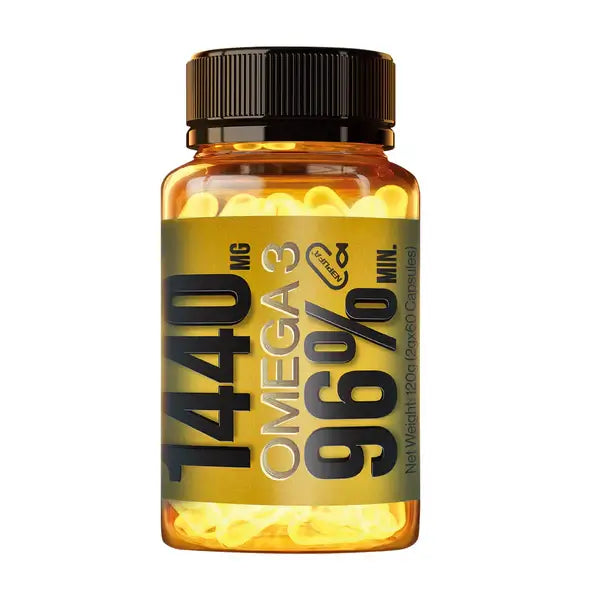 ultra pure fish oil capsules 1440mg in a transparent bottle showing softgel caps.
