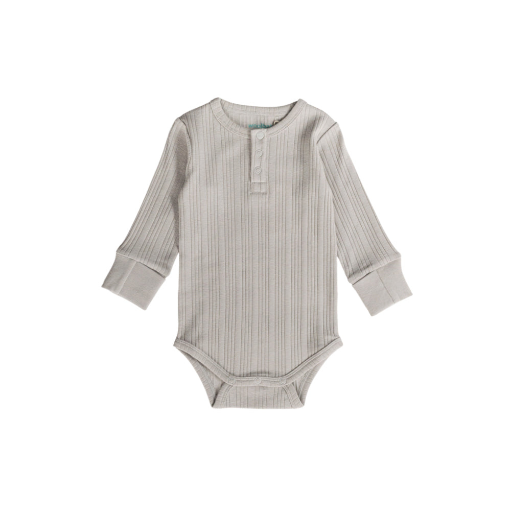 Woolbabe Daydream Long Sleeve Henley Bodysuit Pebble Marl