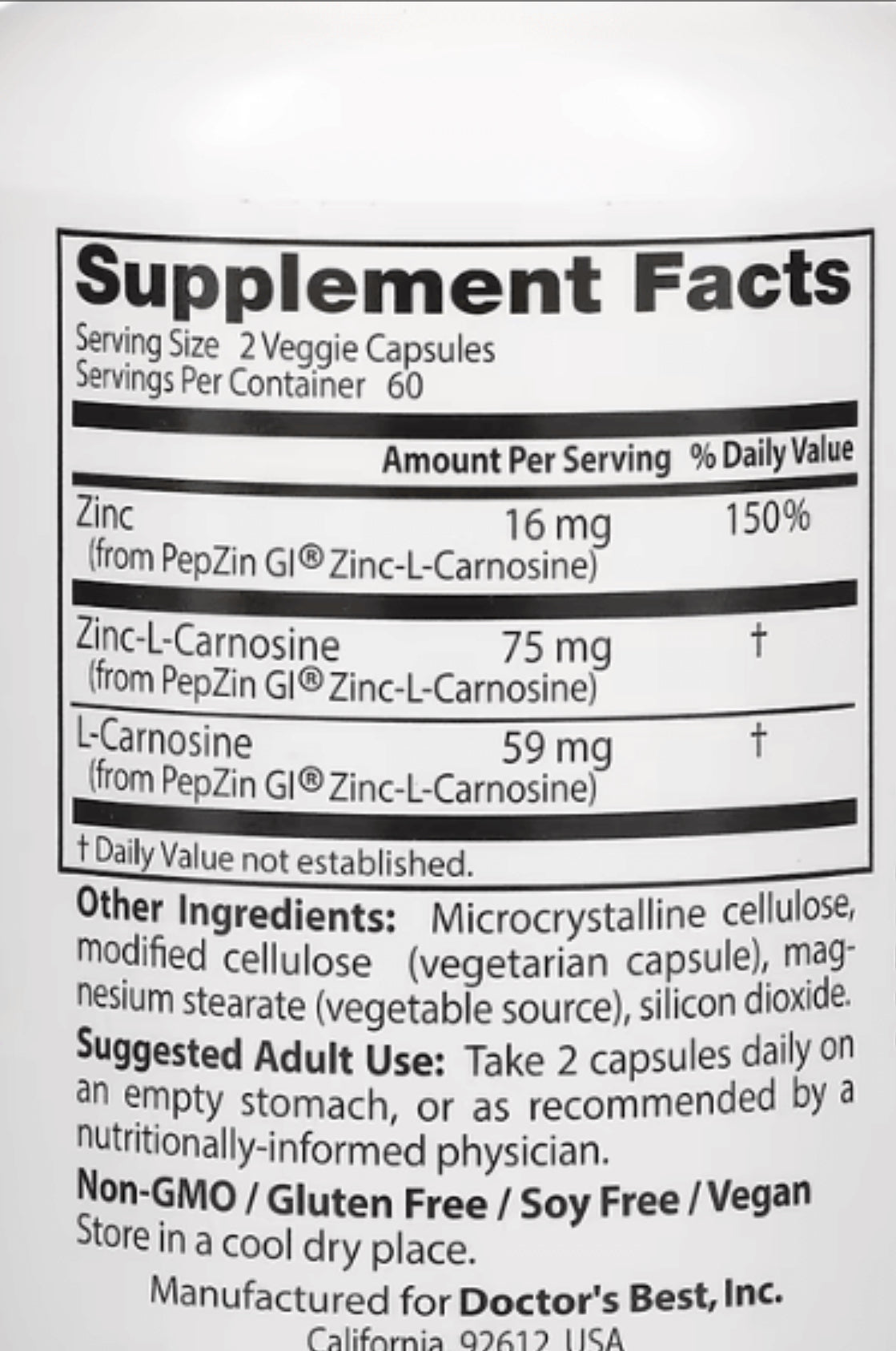 Doctor's Best PepZinGI Zinc-L-Camosine Complex with PepZinGI 120 capsules