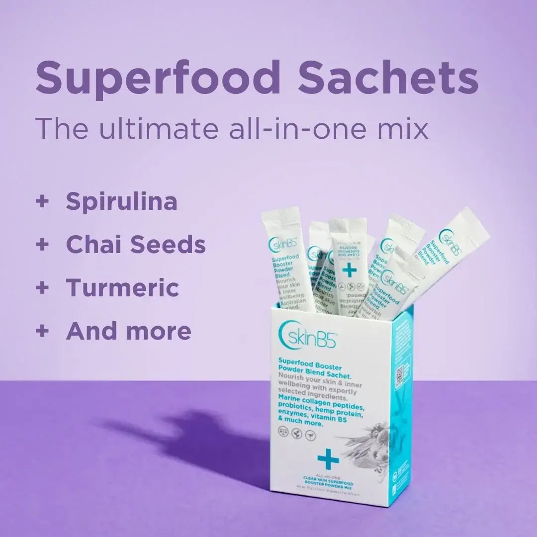 Skin B5 Clear Skin Superfood Booster Sachets Acne Treatment,Clear Complexion,Clear Skin,Combination Skin,cracked skin,dry skin,dry skin cream,Dry Skin Gel,dry skin wash,Healthy Skin,Hydrating Skin Care,itchy dry skin,itchy skin,Moisturising Skin Care,Natu