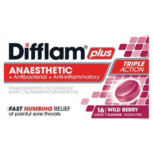 Difflam Plus Anaesthetic + Antibacterial + Anti-inflammatory lozenges Wild Berry 16 lozenges