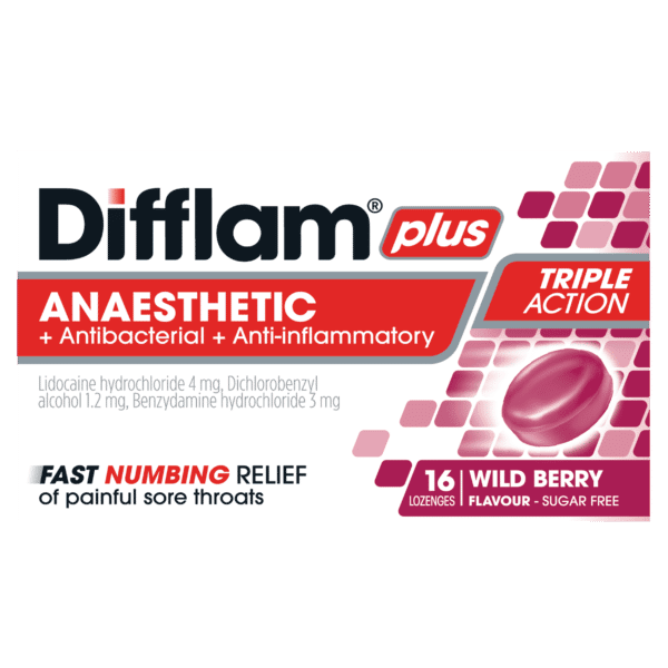 Difflam Plus Anaesthetic + Antibacterial + Anti-inflammatory lozenges Wild Berry 16 lozenges - DominionRoadPharmacy