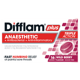 Difflam Plus Anaesthetic + Antibacterial + Anti-inflammatory lozenges Wild Berry 16 lozenges - DominionRoadPharmacy