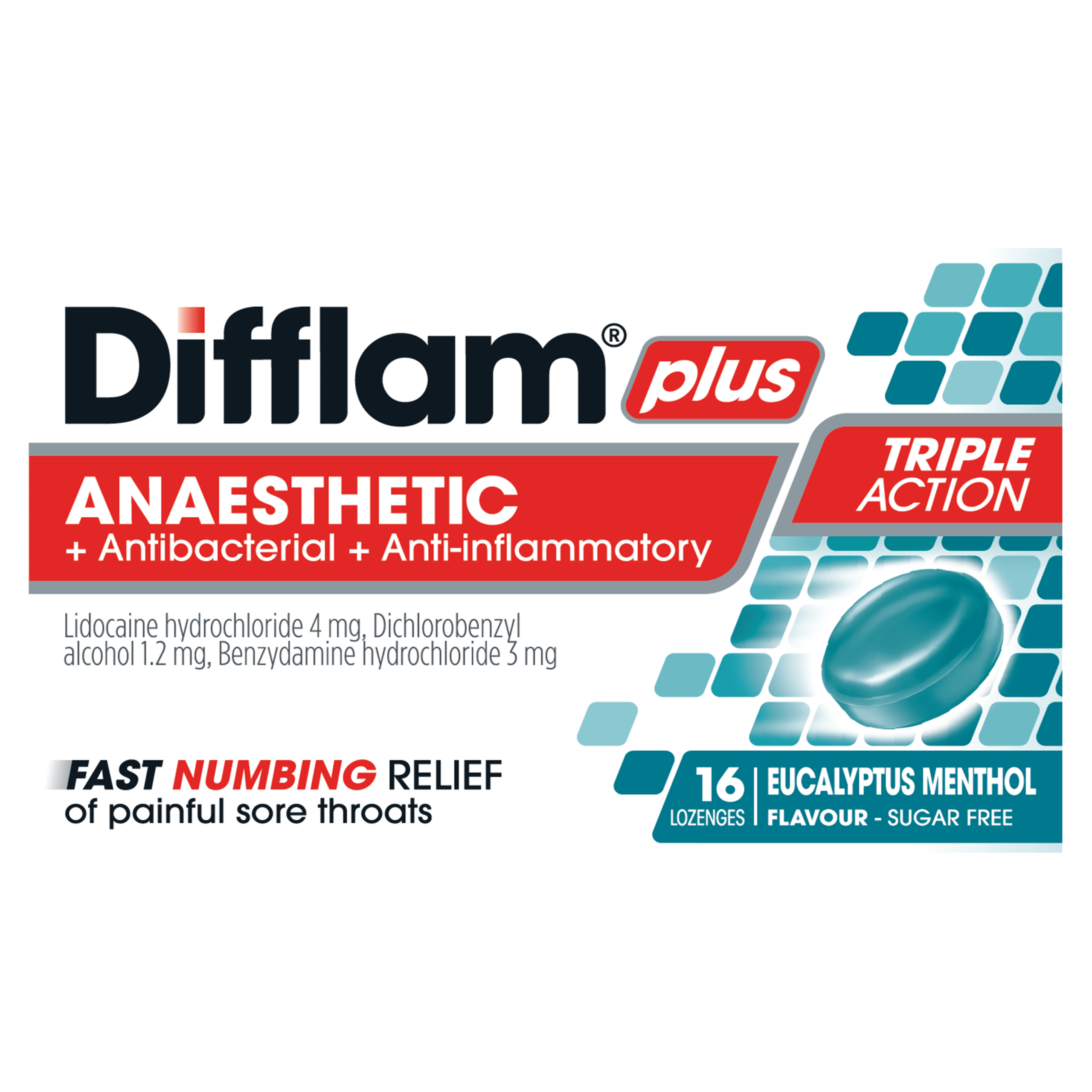 Difflam Plus Anaesthetic Sore Throat Lozenges Eucalyptus Menthol