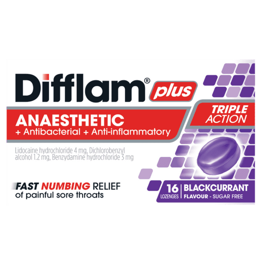 Difflam Plus Anaesthetic + Antibacterial + Anti-inflammatory lozenges Blackcurrant 16