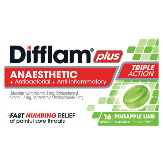 Difflam Plus Anaesthetic + Antibacterial + Anti-inflammatory lozenges Pineapple & Lime 16