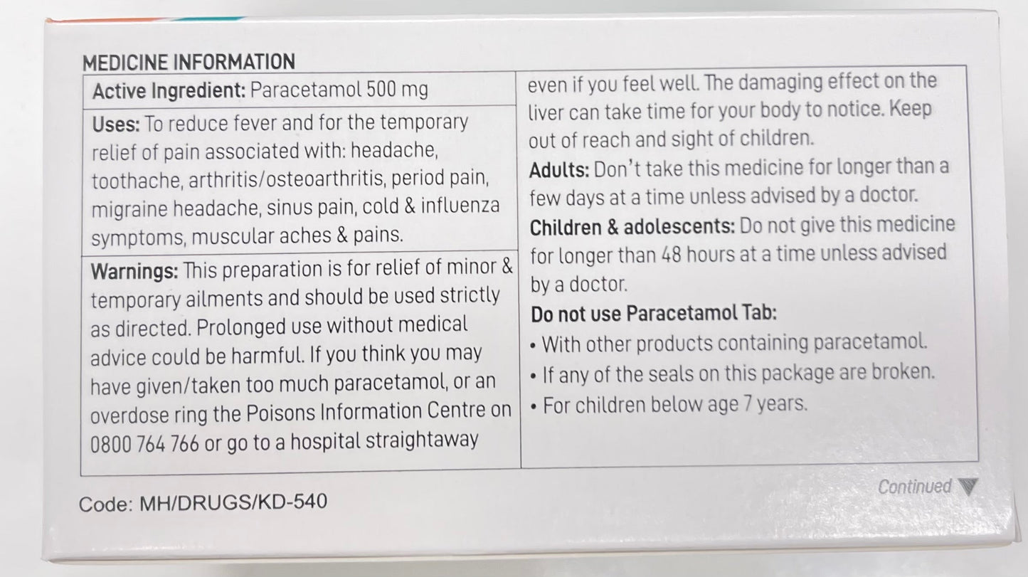 Paracetamol 500 mg 100 Tablets