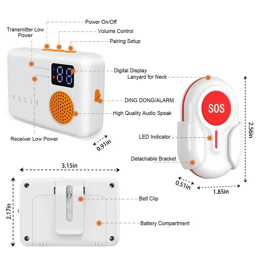 Wireless Caregiver Pager with 2 SOS Buttons (Up to 300mtrs range) 2 SOS Buttons Pager,2 SOS Buttons Pager with Alarm,Big Button Phones,Call Button Watch,Care Home Phones with Big Button,Caregiver Pager,Caregiver Pager SOS Watch,Corded Phones,Easyfone,Easy