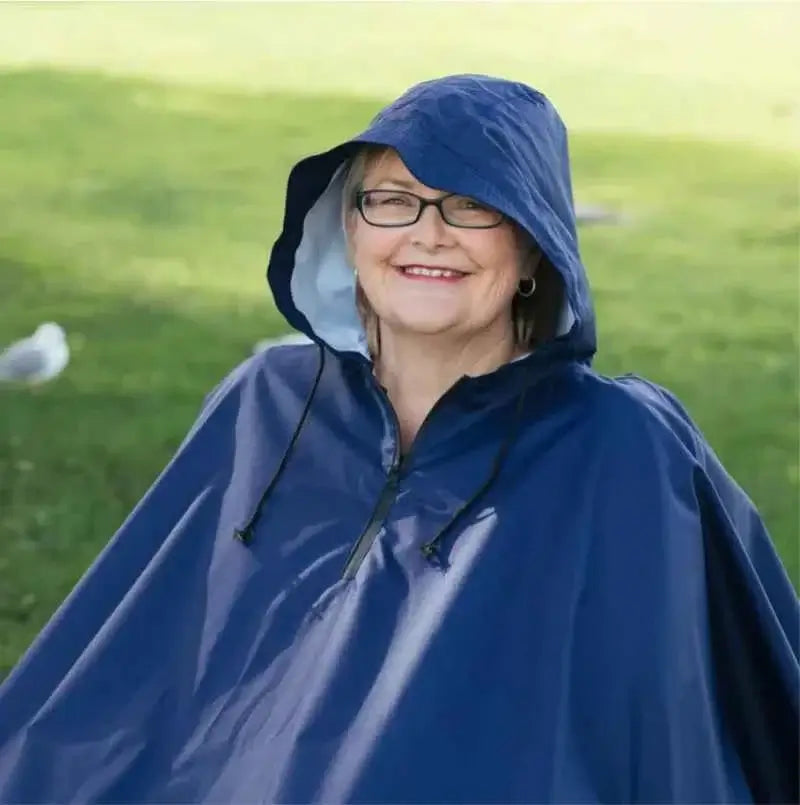 AML Wheelchair Raincoat Draw cord to securely fit around the face,Front zip for easy access,Generous size,Heat sealed seams,Peaked cap to keep rain out