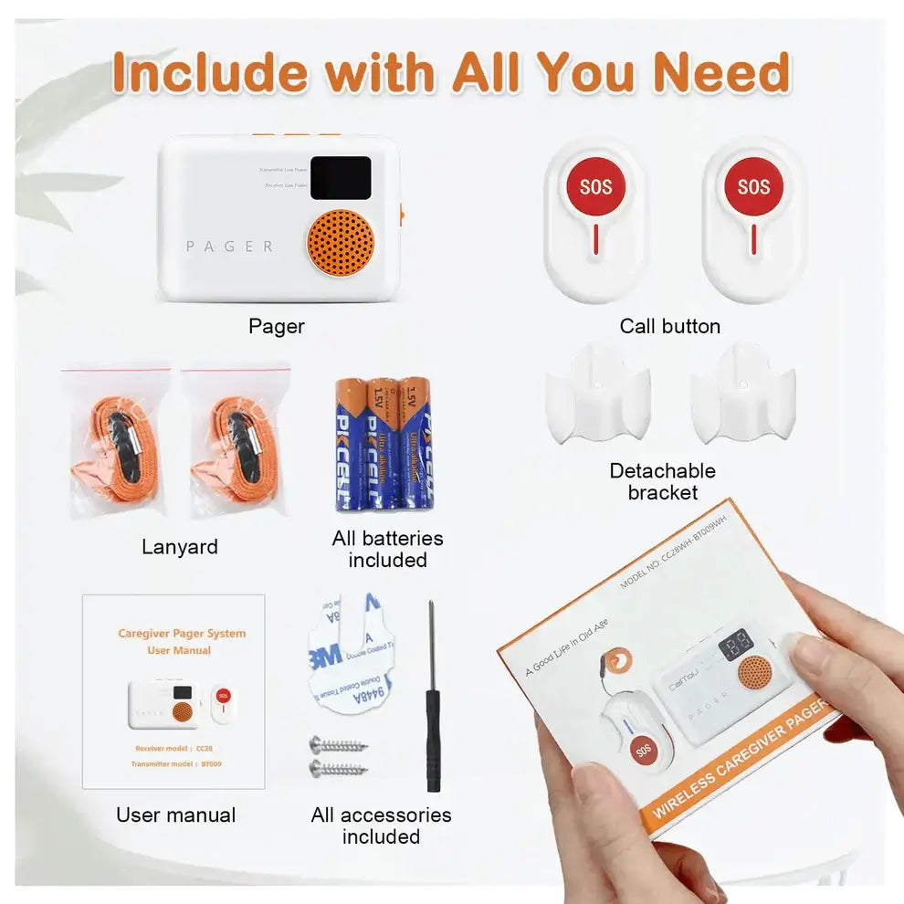 Wireless Caregiver Pager with 2 SOS Buttons (Up to 300mtrs range) 2 SOS Buttons Pager,2 SOS Buttons Pager with Alarm,Big Button Phones,Call Button Watch,Care Home Phones with Big Button,Caregiver Pager,Caregiver Pager SOS Watch,Corded Phones,Easyfone,Easy