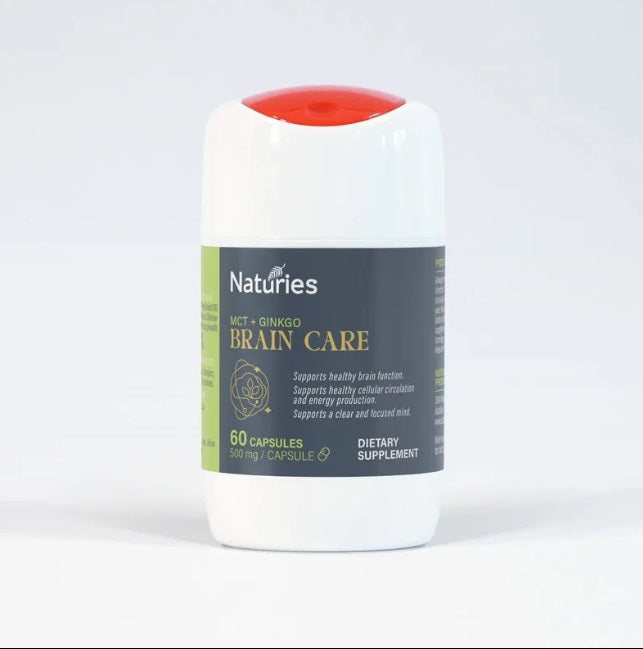 Naturies MCT+Ginko Brain Care Capsules 60s Brain Care,healthy brain function,issues,Supports a clear mind,Supports energy production,Supports focused mind,Supports healthy cellular circulation