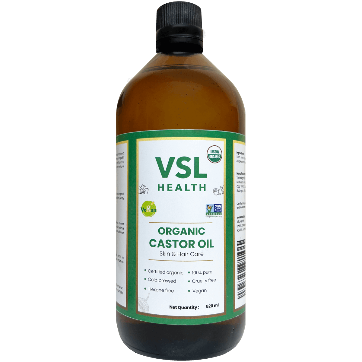 VSL- Castor Oil 220ml & 520ml 100% pure,Castor Oil,Certified organic,Cold pressed,Cruelty free,Glass bottle,Hexane free,issues,Non- GMO