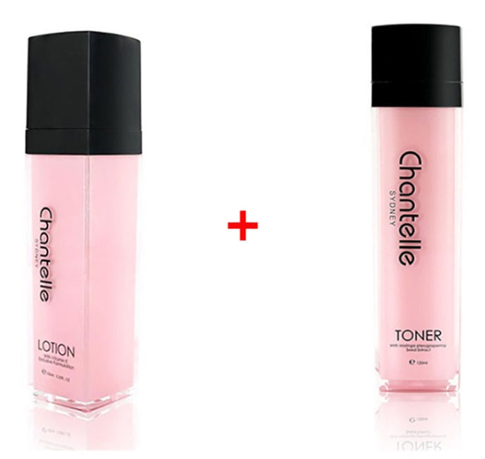 Chantelle moisturizing lotion and toner set featuring 100ml lotion and 120ml toner for skin hydration.