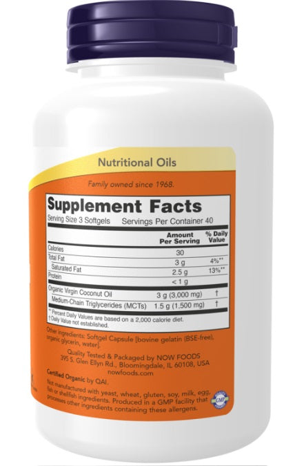 now Coconut Oil Virgin 1000mg 120SG Abundant in MCTs,Coconut Oil Virgin,google,issues,Medium Chain Triglycerides,Organic Coconut Oil,Supports energy levels,Trans Fat Free