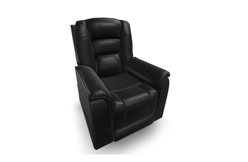 Theorem dual motor recliner with headrest and lumbar support in sleek black leather design.
