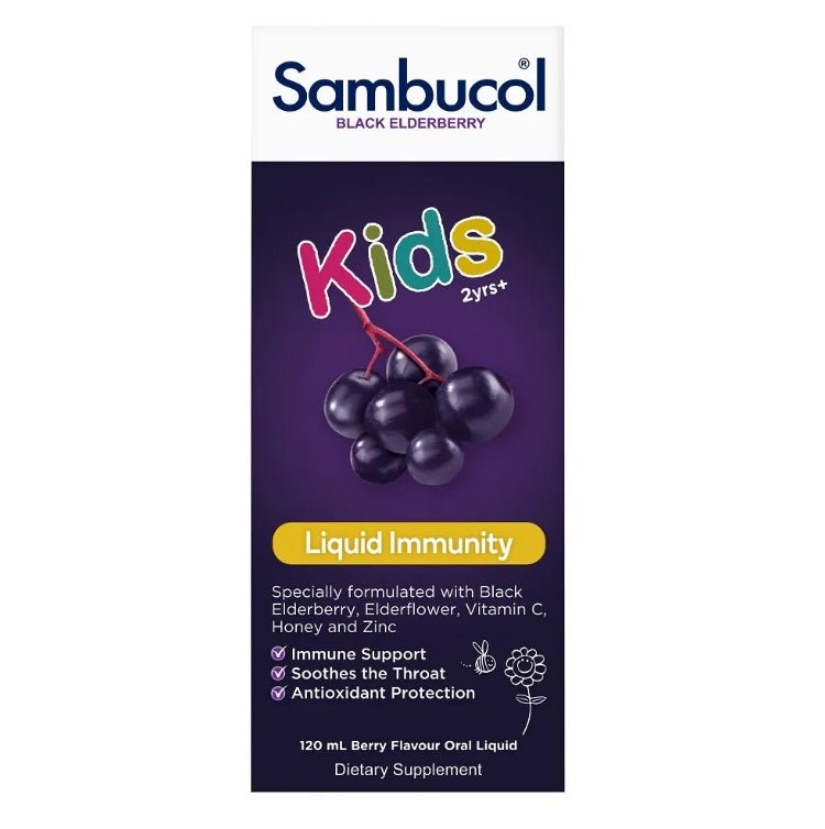 sambucol Kids Liquid Immunity 120ml aches,Black Fruit Children's Immune Syrup,congestion,cough,fever,immune booster,Immunity for kids,issues,Kids Liquid Immunity,liquid Immunity,Pains,sore throat