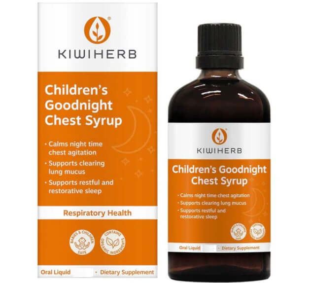 Kiwiherb Children's Goodnight Chest Syrup Calms tickly airways,Chest Care,chest syrup,Children's Goodnight Chest Syrup,Dry Chest Agitation,Encourages Restful Sleep,Goodnight Chest Syrup,issues,lung mucus,restful sleep,Soothes repeated,stubborn lung mucus,