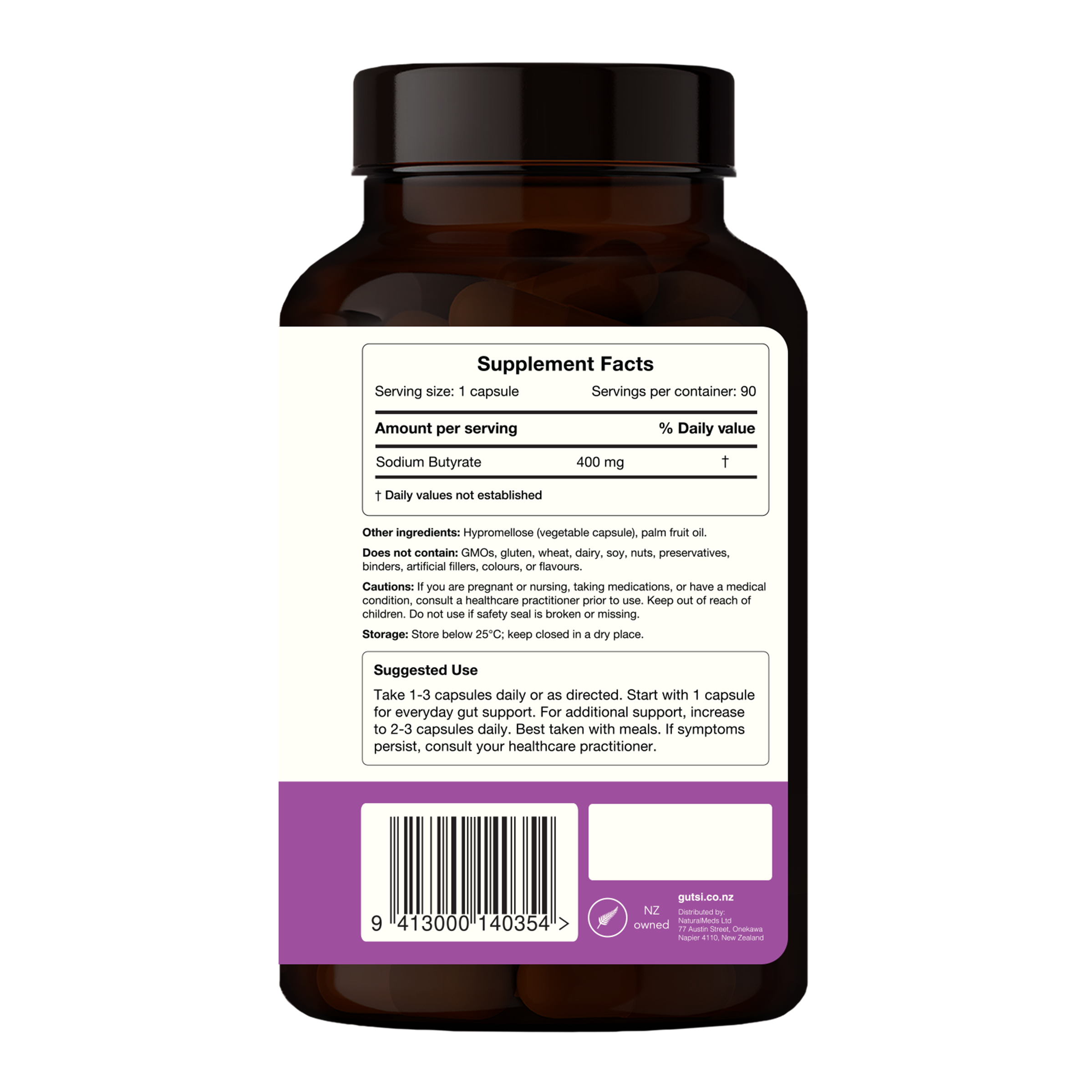 Gutsi Gut Barrier Builder back label — key benefits, directions and ingredients