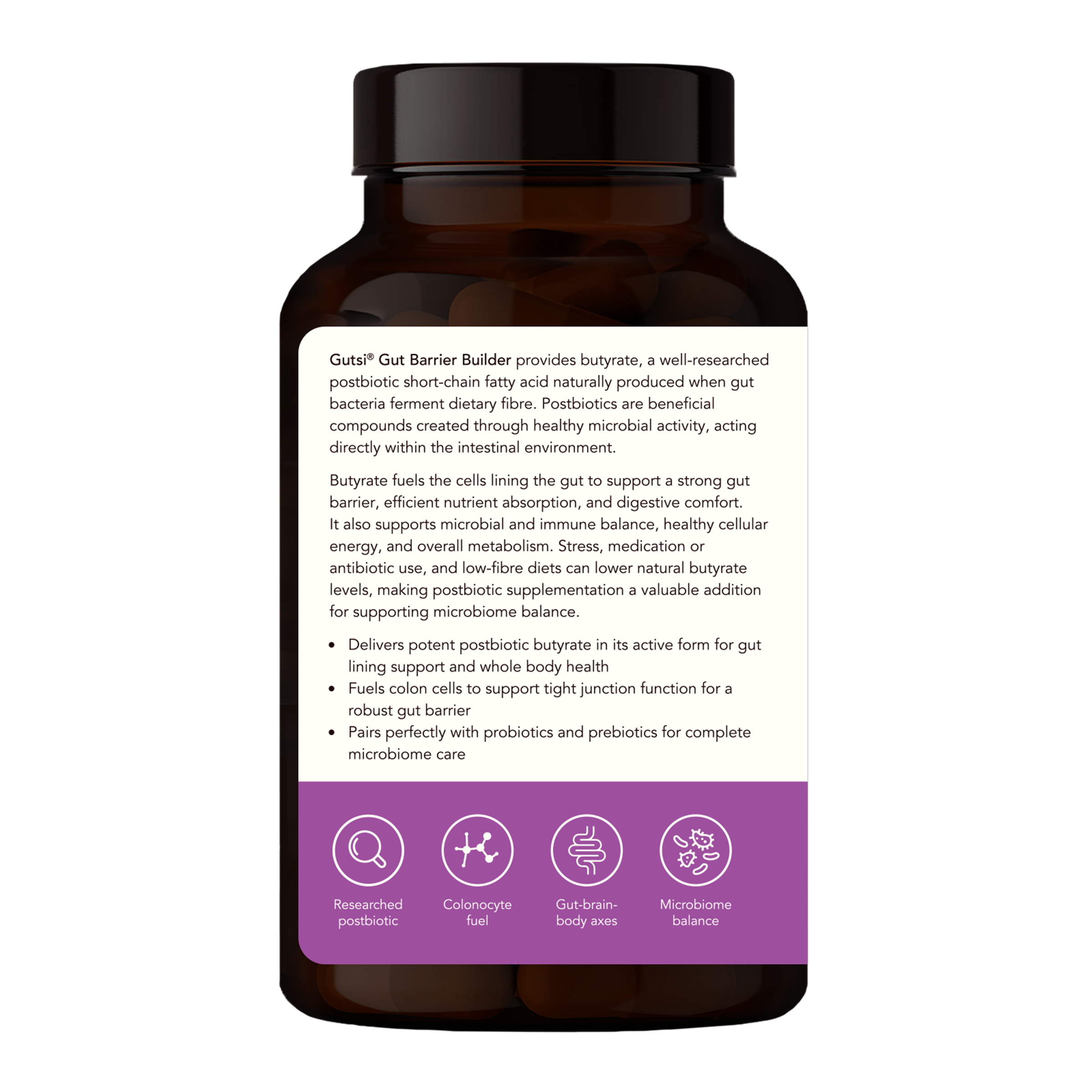Gutsi Gut Barrier Builder side view — lipid-protected colon-targeted butyrate capsules
